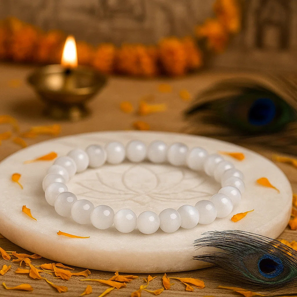 Natural selenite 8mm crystal bead bracelet on a decorative stone surface with flowers and a lit lamp in the background