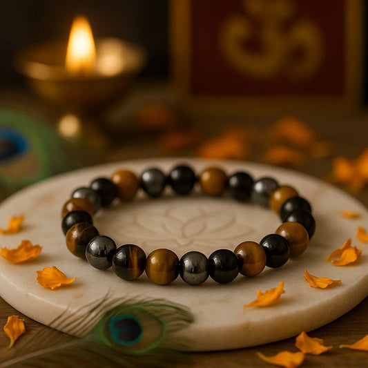 8mm triple protection crystal bracelet featuring black tourmaline hematite tiger eye stones