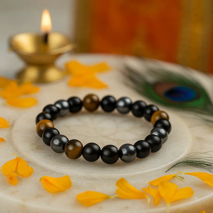 Natural triple protection bracelet with black tourmaline hematite and tiger eye 8mm beads