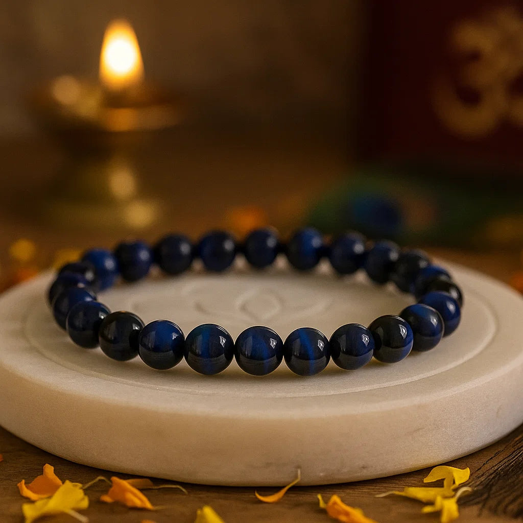 Blue tiger eye 8mm bead bracelet for throat chakra activation and mental focus

