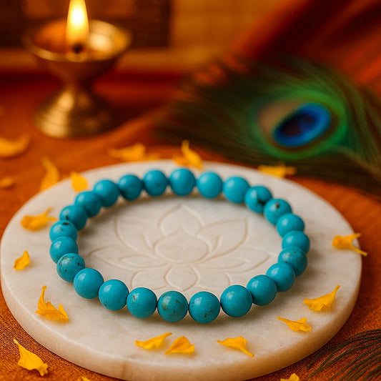Natural turquoise firoza crystal bracelet with 8mm bright blue beads for communication and protection

