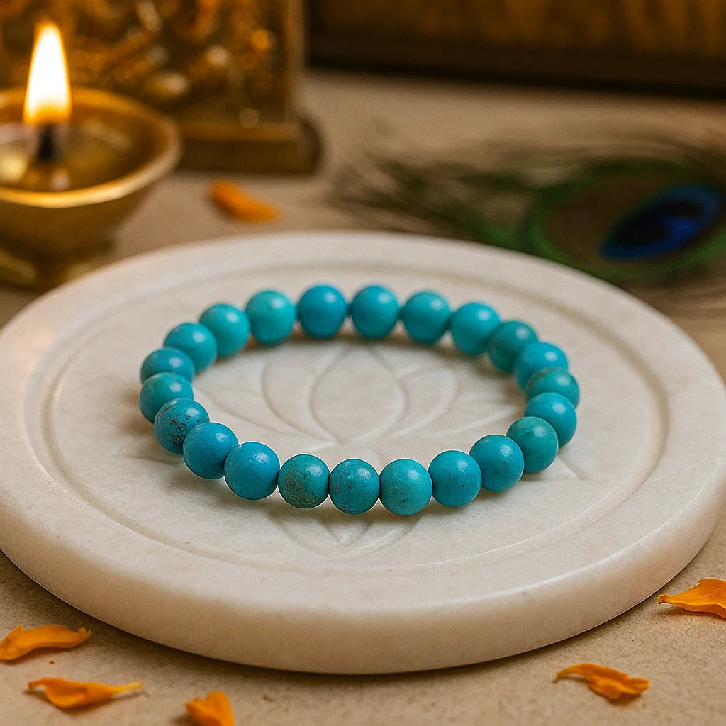 Turquoise firoza 8mm bead bracelet for throat chakra activation and emotional healing

