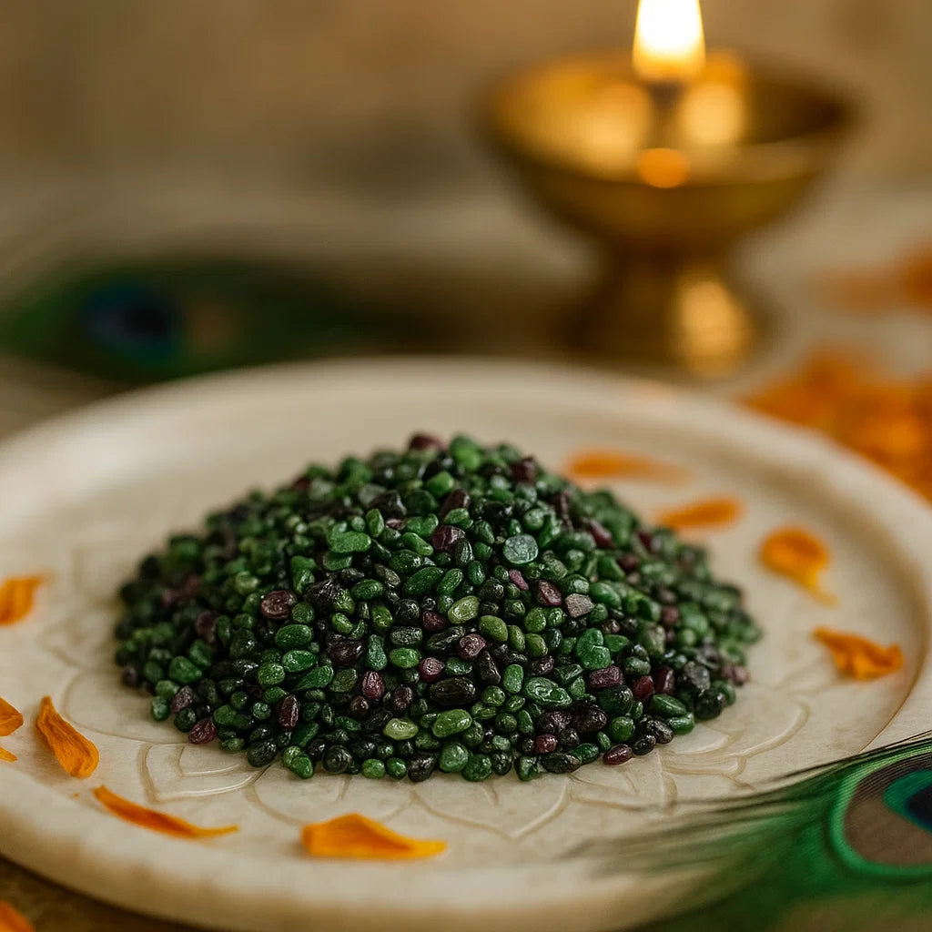 Angled view of ruby zoisite chips on a white plate with marigold petals and a peacock feather