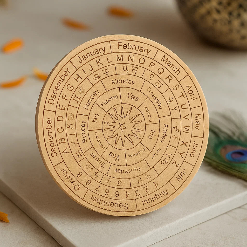 Wooden coin with astrological symbols and text on a light background