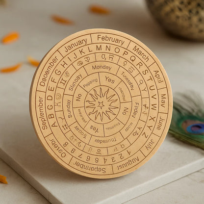 Wooden coin with astrological symbols and text on a light background
