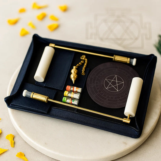 Set of tools with a pentagram design on a black case on a light surface.