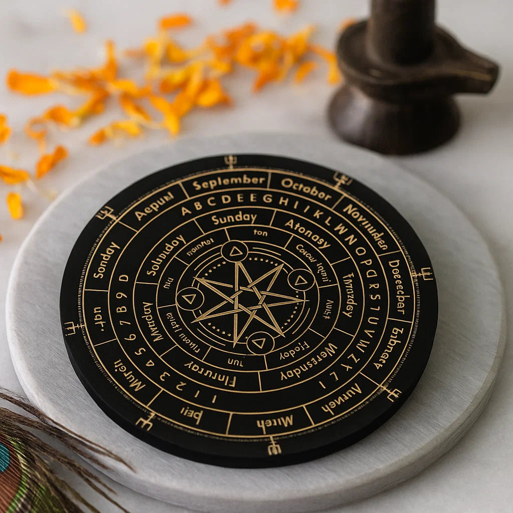 Dowsing Board with gold symbols and text on a white surface with orange flowers and a dark object.