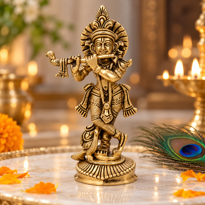 Brass Krishna Ji Idol Vastu Remedy for Love, Harmony and Divine Positivity for Home, Office and Temple Decor | 5.5 x 16 cm | 635gm