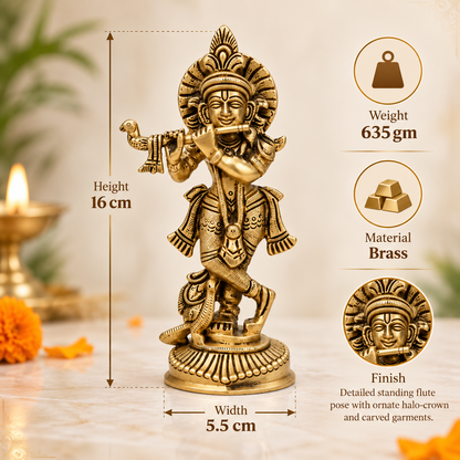 Brass Krishna Ji Idol Vastu Remedy for Love, Harmony and Divine Positivity for Home, Office and Temple Decor | 5.5 x 16 cm | 635gm