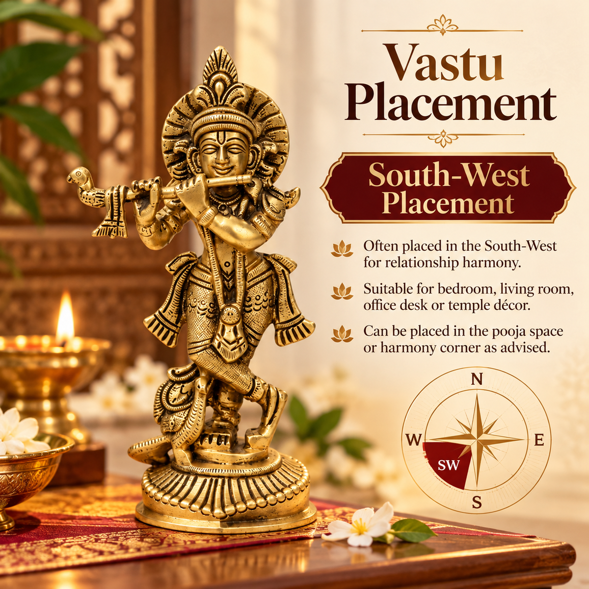 Brass Krishna Ji Idol Vastu Remedy for Love, Harmony and Divine Positivity for Home, Office and Temple Decor | 5.5 x 16 cm | 635gm