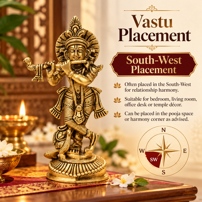 Brass Krishna Ji Idol Vastu Remedy for Love, Harmony and Divine Positivity for Home, Office and Temple Decor | 5.5 x 16 cm | 635gm