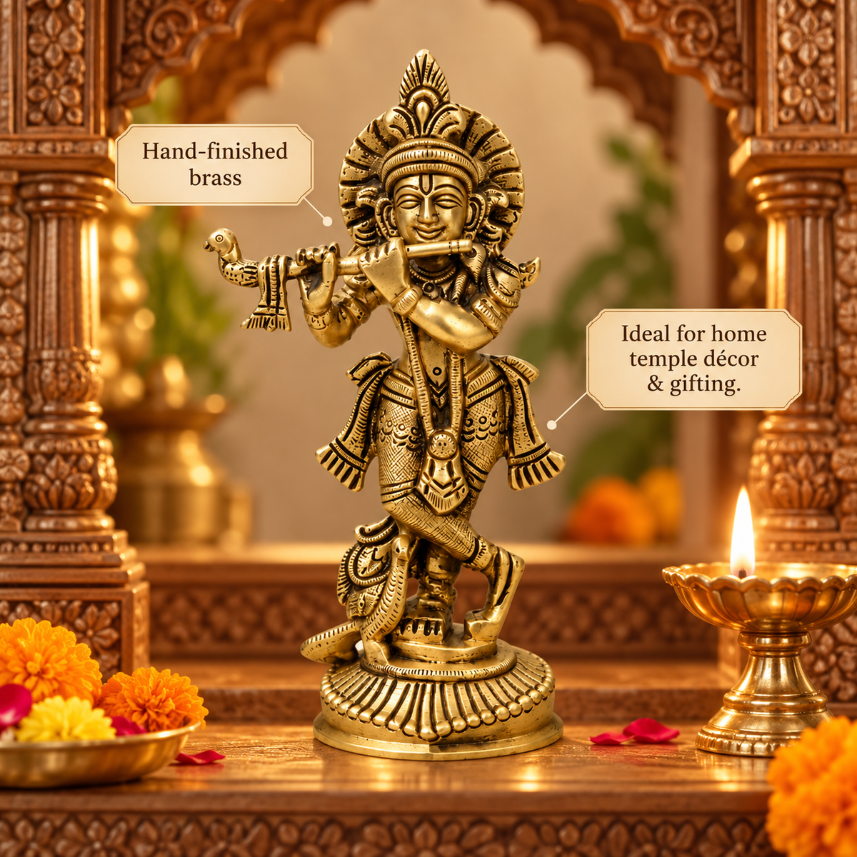 Brass Krishna Ji Idol Vastu Remedy for Love, Harmony and Divine Positivity for Home, Office and Temple Decor | 5.5 x 16 cm | 635gm