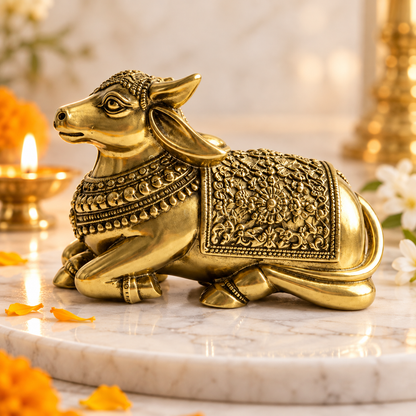Handcrafted  Brass Nandi Bull – Vastu Remedy for Stability, Protection & Devotion | Hand‑Finished for Home Temple, Office Desk & Gift  | 10 × 8 cm | 0.380 kg