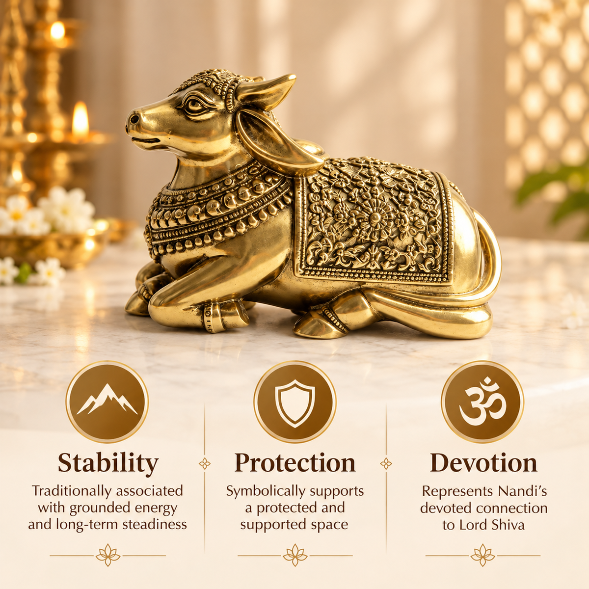 Handcrafted  Brass Nandi Bull – Vastu Remedy for Stability, Protection & Devotion | Hand‑Finished for Home Temple, Office Desk & Gift  | 10 × 8 cm | 0.380 kg