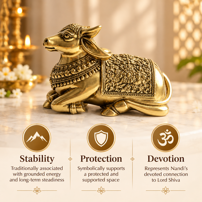 Handcrafted  Brass Nandi Bull – Vastu Remedy for Stability, Protection & Devotion | Hand‑Finished for Home Temple, Office Desk & Gift  | 10 × 8 cm | 0.380 kg