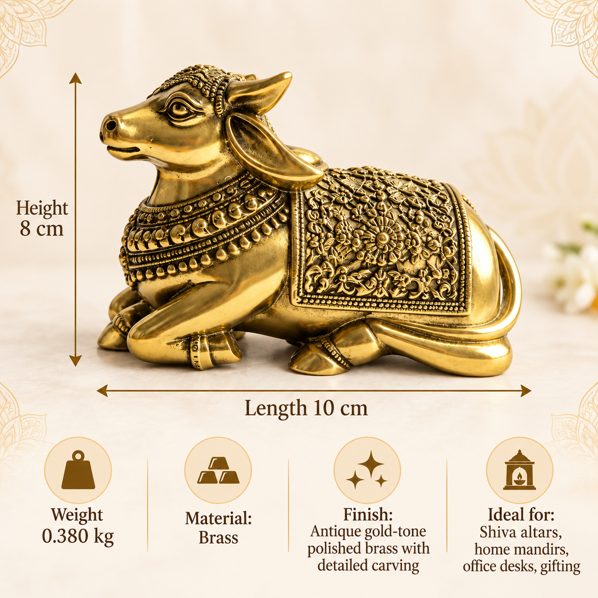 Handcrafted  Brass Nandi Bull – Vastu Remedy for Stability, Protection & Devotion | Hand‑Finished for Home Temple, Office Desk & Gift  | 10 × 8 cm | 0.380 kg