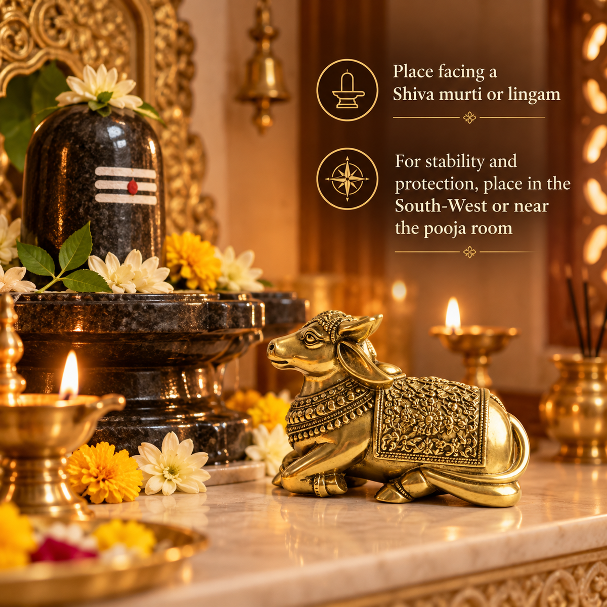 Handcrafted  Brass Nandi Bull – Vastu Remedy for Stability, Protection & Devotion | Hand‑Finished for Home Temple, Office Desk & Gift  | 10 × 8 cm | 0.380 kg