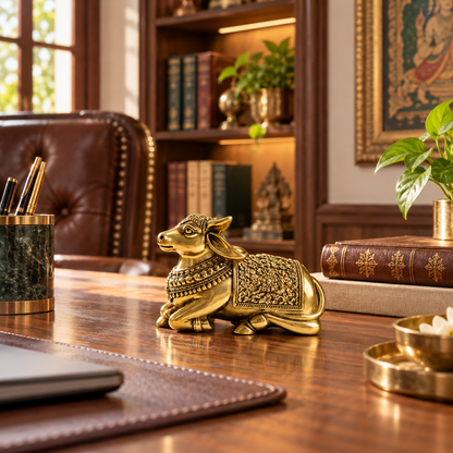 Handcrafted  Brass Nandi Bull – Vastu Remedy for Stability, Protection & Devotion | Hand‑Finished for Home Temple, Office Desk & Gift  | 10 × 8 cm | 0.380 kg
