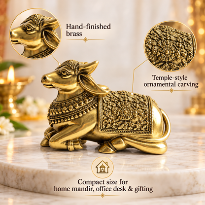 Handcrafted  Brass Nandi Bull – Vastu Remedy for Stability, Protection & Devotion | Hand‑Finished for Home Temple, Office Desk & Gift  | 10 × 8 cm | 0.380 kg