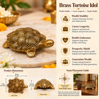 Brass Tortoise Idol Vastu Remedy for Wealth, Health and Longevity for Home, Office and North Direction Placement | 10 cm x 6.5 cm | 250 gm 