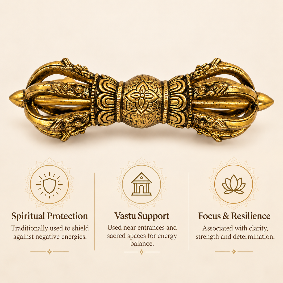 Pure Brass Vajra Idol Vastu Remedy for Protection, Spiritual Strength and Ritual Energy for Home  | 22 x 6.6 cm | 1.1 kg