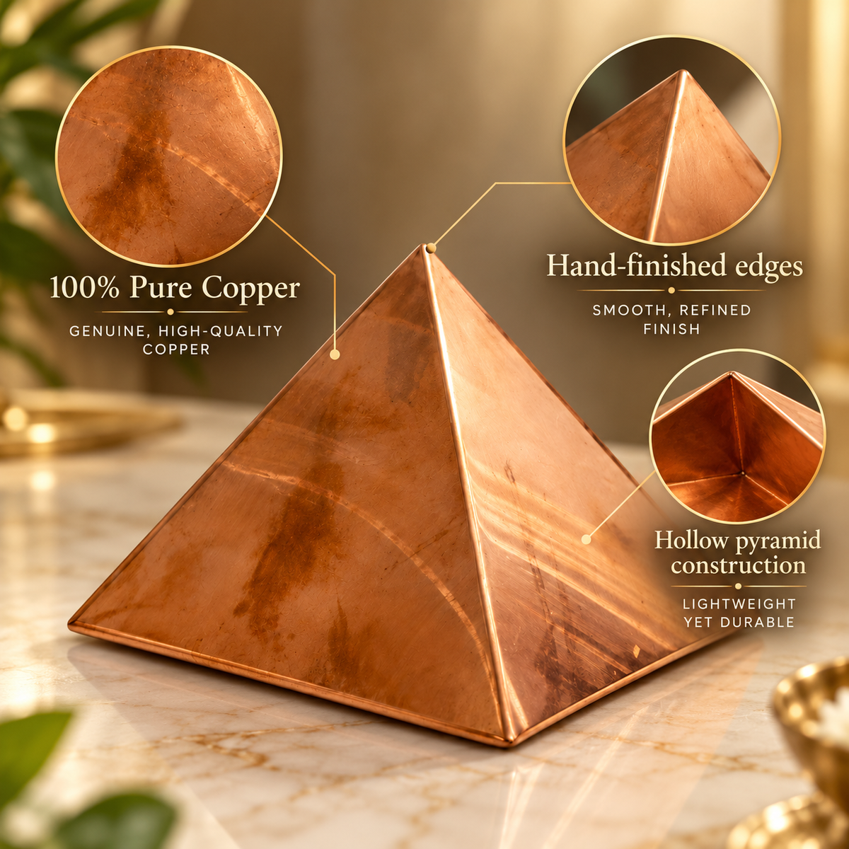 Hollow Copper Pyramid Vastu Remedy for Energy Correction, Space Purification and Healing Balance for Home, Office and Meditation Use | 7.6 cm | 160 g