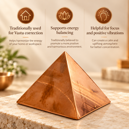 Hollow Copper Pyramid Vastu Remedy for Energy Correction, Space Purification and Healing Balance for Home, Office and Meditation Use | 7.6 cm | 160 g