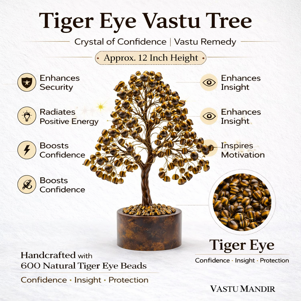 Tiger Eye Vastu Tree with benefits and details on a white background