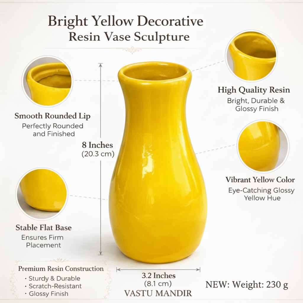 Yellow decorative resin vase with features and measurements on a white background