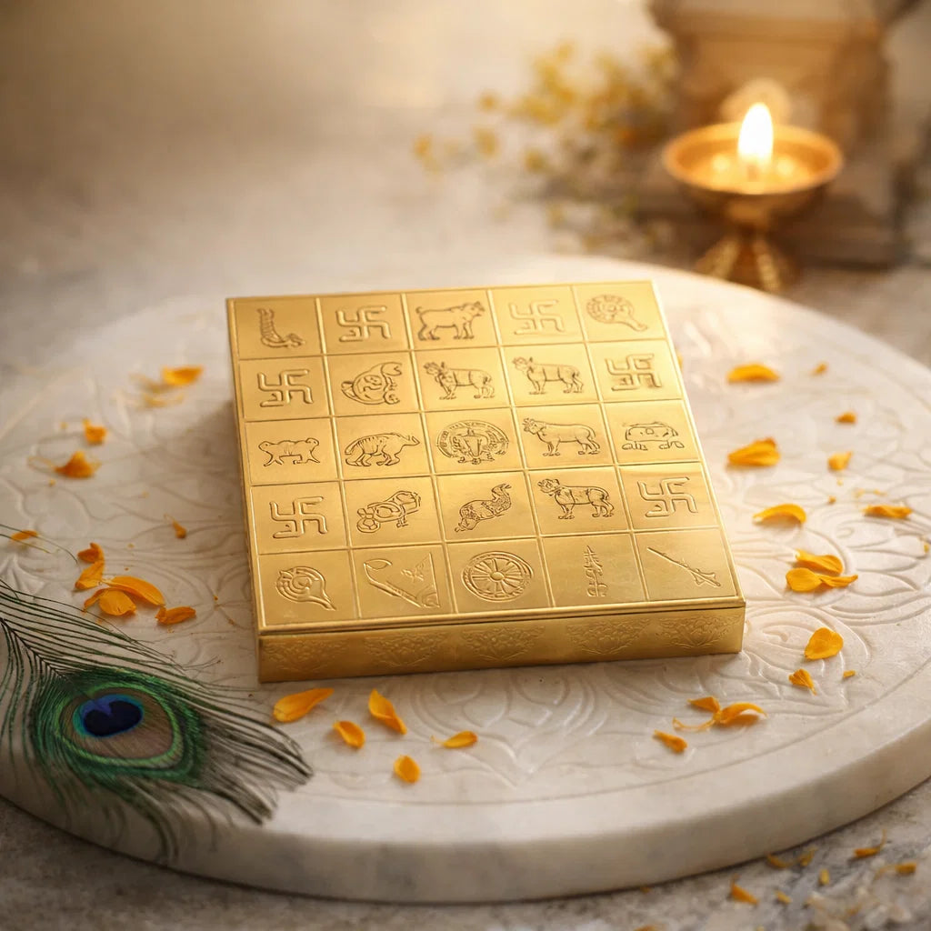 Brass Manjusha Yantra Box with Partition – Vastu Remedy for Brahmasthan Correction | 16-Compartment Energy Organizer with 45 Devta Symbols | 6 & 9 Inch Sizes