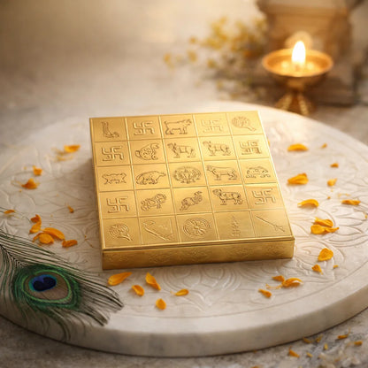 Brass Manjusha Yantra Box with Partition – Vastu Remedy for Brahmasthan Correction | 16-Compartment Energy Organizer with 45 Devta Symbols | 6 & 9 Inch Sizes