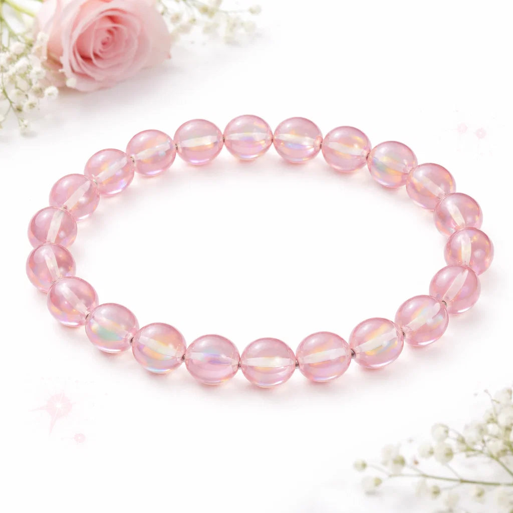 Premium Natural Light Pink Aura Quartz 8mm Bead Bracelet for Calm & Heart Energy