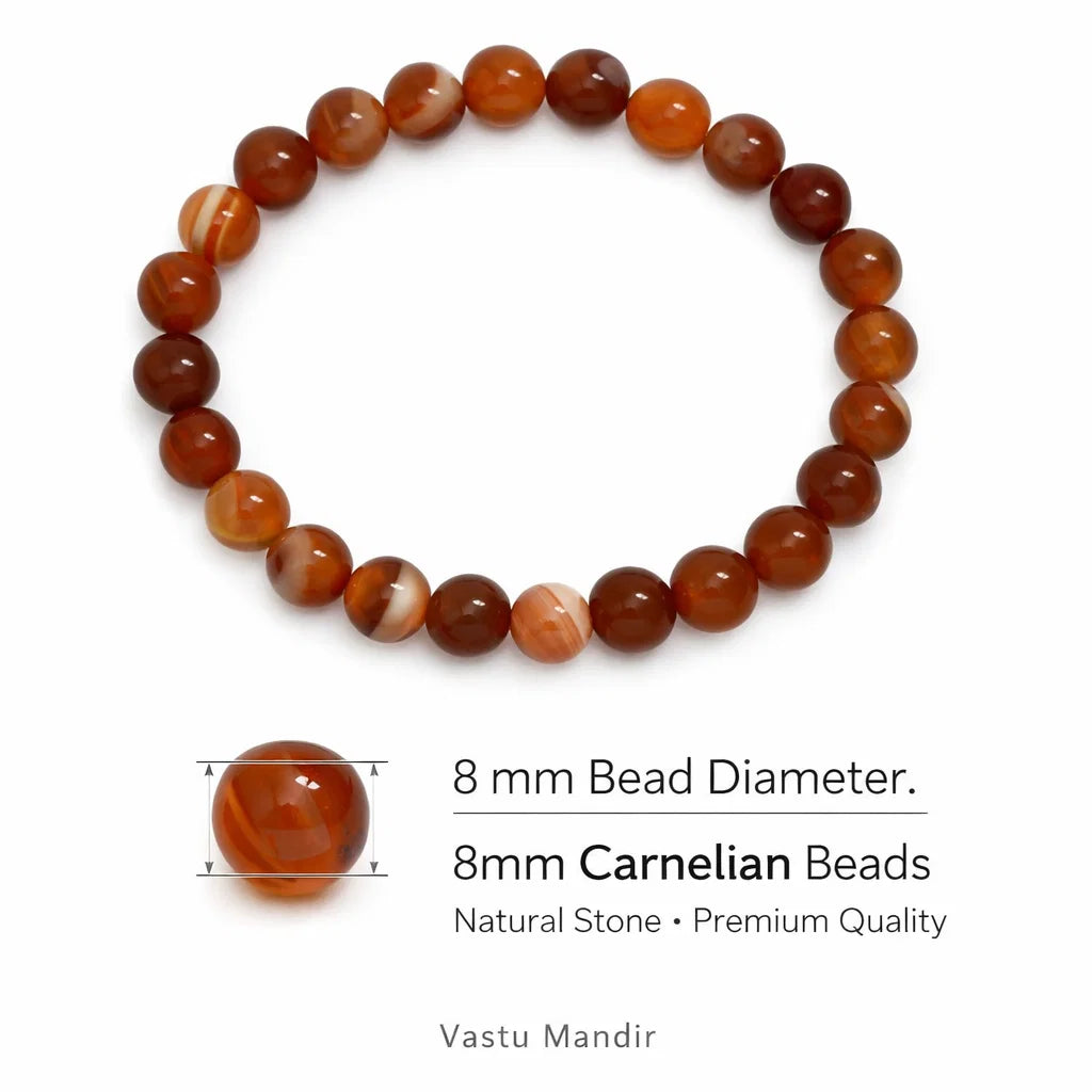 Premium Natural Carnelian 8mm Bead Bracelet, Vastu Remedy for Vitality & Focus