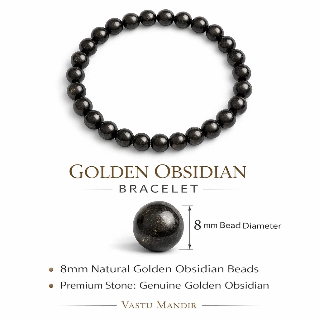 Premium Golden Sheen Obsidian 8mm Bead Bracelet, Vastu Remedy for Protection, Grounding & Willpower — Natural Black-Gold Crystal Mala
