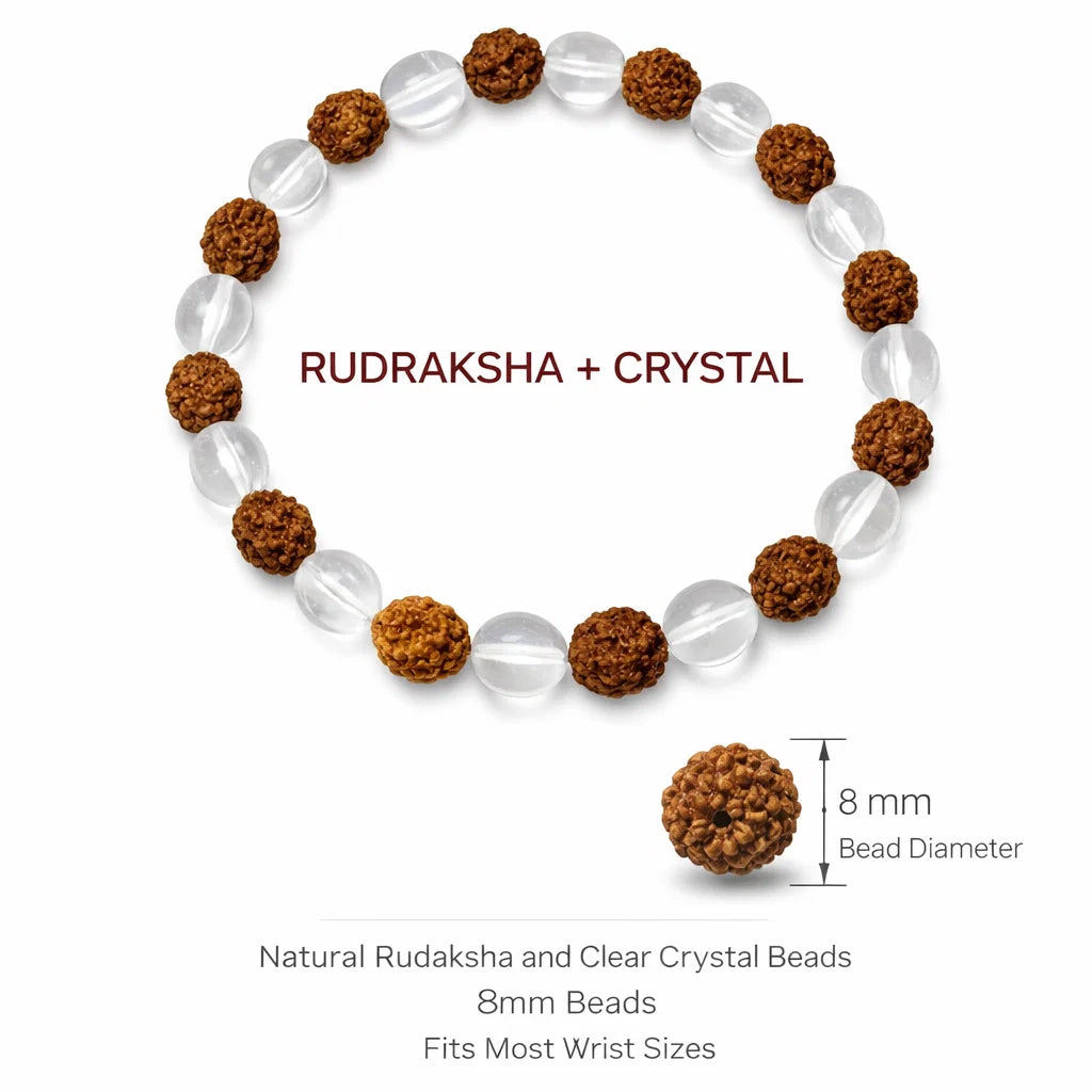Rudraksha Crystal Bracelet 8mm for Vastu Remedy & Spiritual Protection — Rudraksha with Clear Quartz for Stress Relief & Mental Clarity By Vastu Mandir