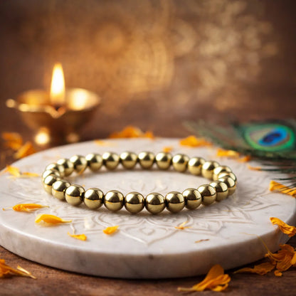 Premium Golden Pyrite 8mm Bead Bracelet, Vastu Remedy for Wealth Attraction, Prosperity & Solar Plexus Chakra — Natural Fools Gold Crystal Mala