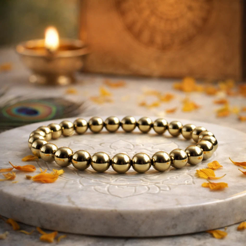 Premium Golden Pyrite 8mm Bead Bracelet, Vastu Remedy for Wealth Attraction, Prosperity & Solar Plexus Chakra — Natural Fools Gold Crystal Mala