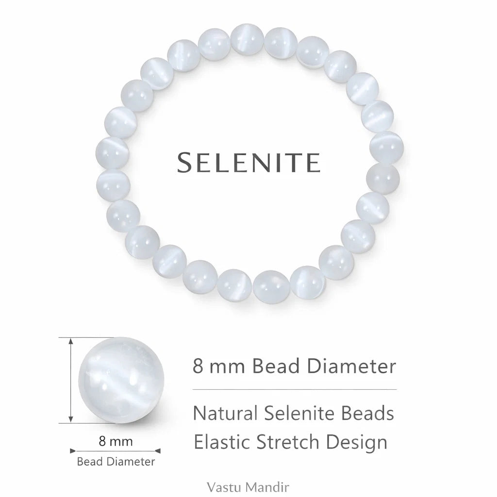 Premium Natural Selenite 8mm Bracelet for Vastu Remedy, Aura Cleansing, Spiritual Growth & Crown Chakra