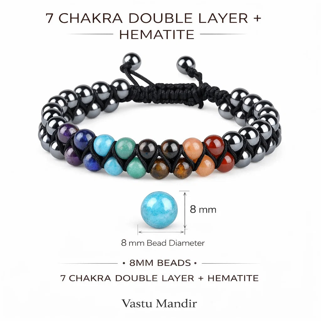 Pure Natural 7 Chakra Hematite Double Layer Mala Bracelet (8mm), Vastu Remedy for Enhanced Chakra Alignment & Mental Clarity