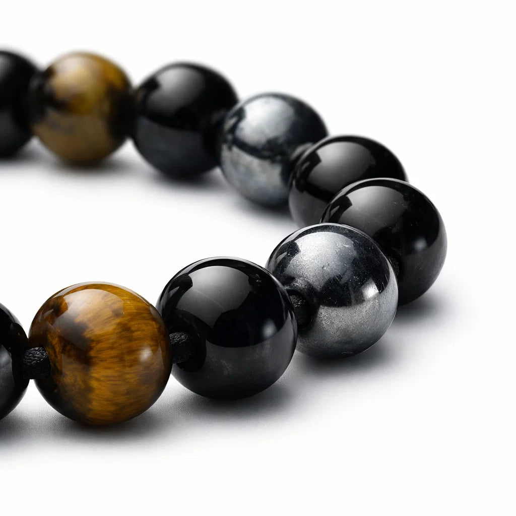 Premium Triple Protection Bracelet 8mm Beads With Black Obsidian Hematite Tiger Eye — Vastu Remedy for EMF Negative Energy Grounding Shield, and Main Door Defects by Vastu Mandir
