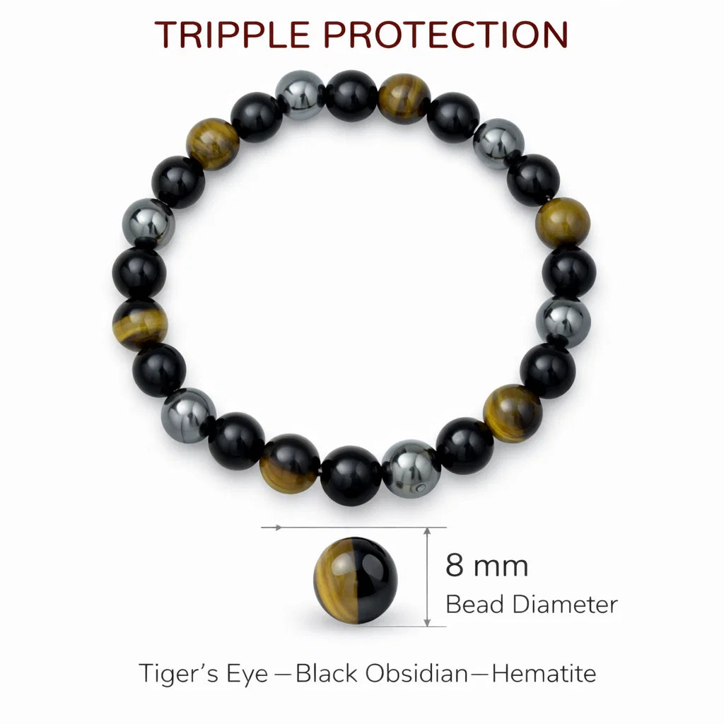 Premium Triple Protection Bracelet 8mm Beads With Black Obsidian Hematite Tiger Eye — Vastu Remedy for EMF Negative Energy Grounding Shield, and Main Door Defects by Vastu Mandir