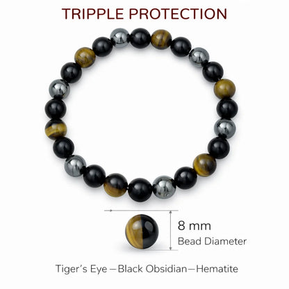 Premium Triple Protection Bracelet 8mm Beads With Black Obsidian Hematite Tiger Eye — Vastu Remedy for EMF Negative Energy Grounding Shield, and Main Door Defects by Vastu Mandir