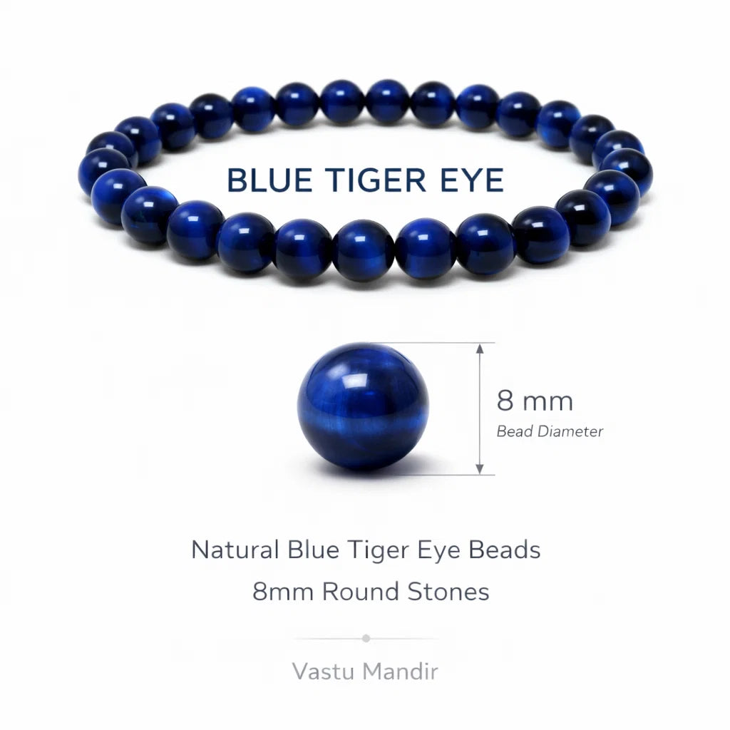 Natural Blue Tiger Eye Crystal Bracelet – Vastu Remedy for Focus & Intuitive Insight | 8mm Beads