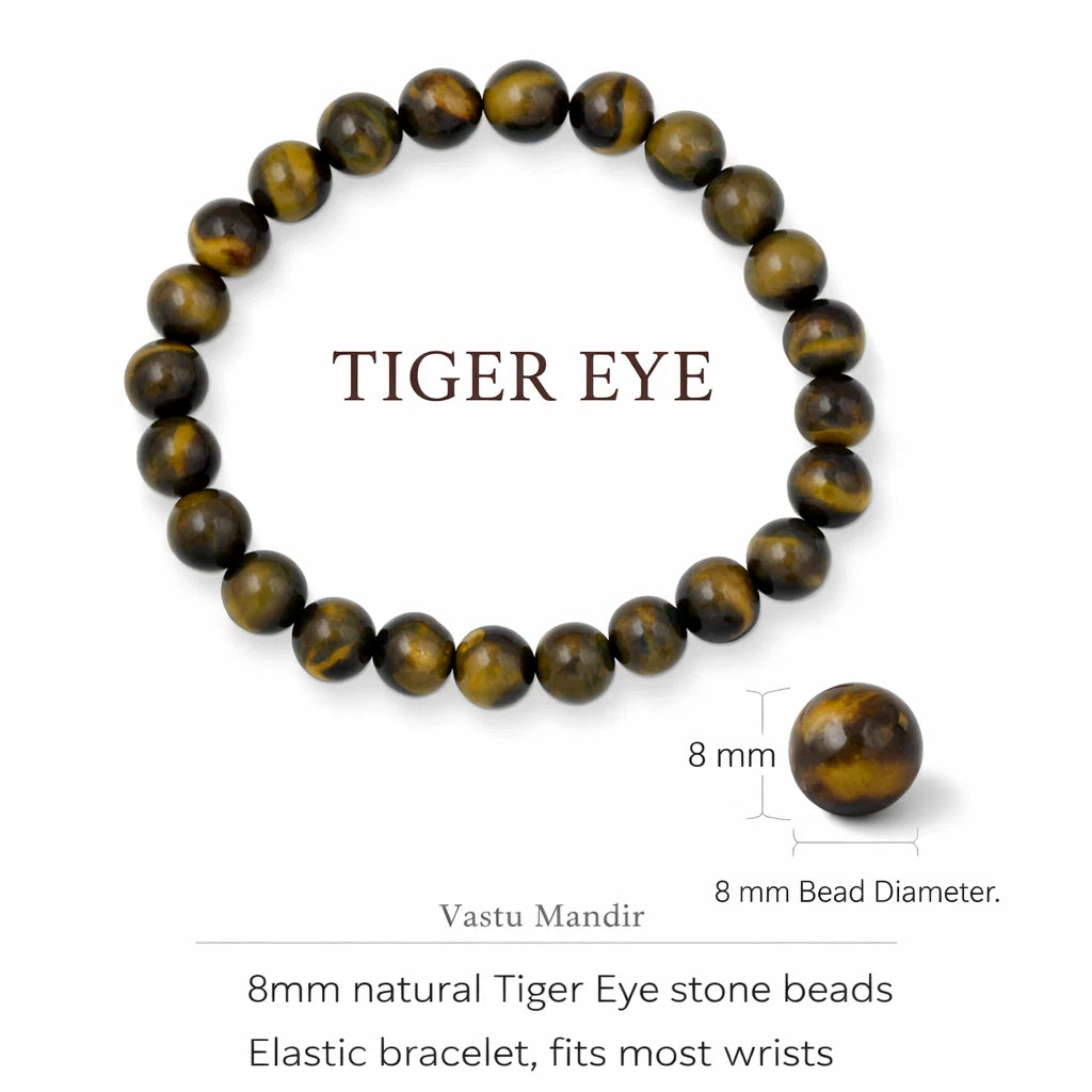 Natural Tiger Eye Bracelet 8mm Beads for Vastu Remedy, Solar Plexus Chakra & Protection