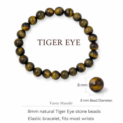 Natural Tiger Eye Bracelet 8mm Beads for Vastu Remedy, Solar Plexus Chakra & Protection