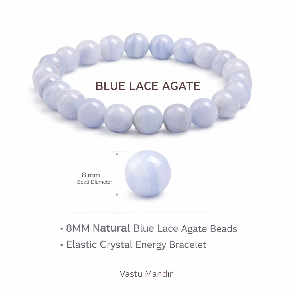 Blue Lace Agate Crystal Bracelet – Vastu Remedy for Throat Chakra with Banded Agate | 8mm Beads