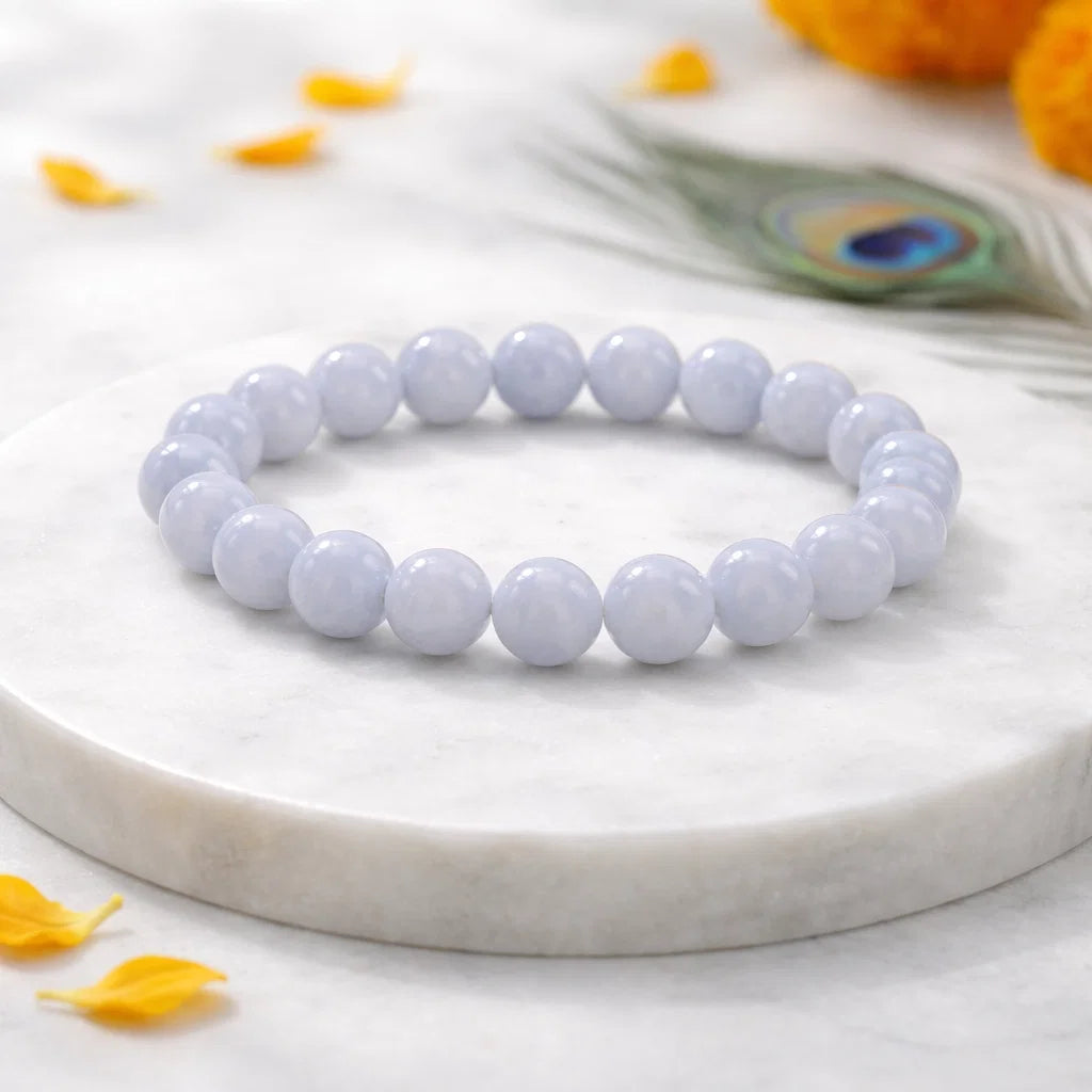 Blue Lace Agate Crystal Bracelet – Vastu Remedy for Throat Chakra with Banded Agate | 8mm Beads