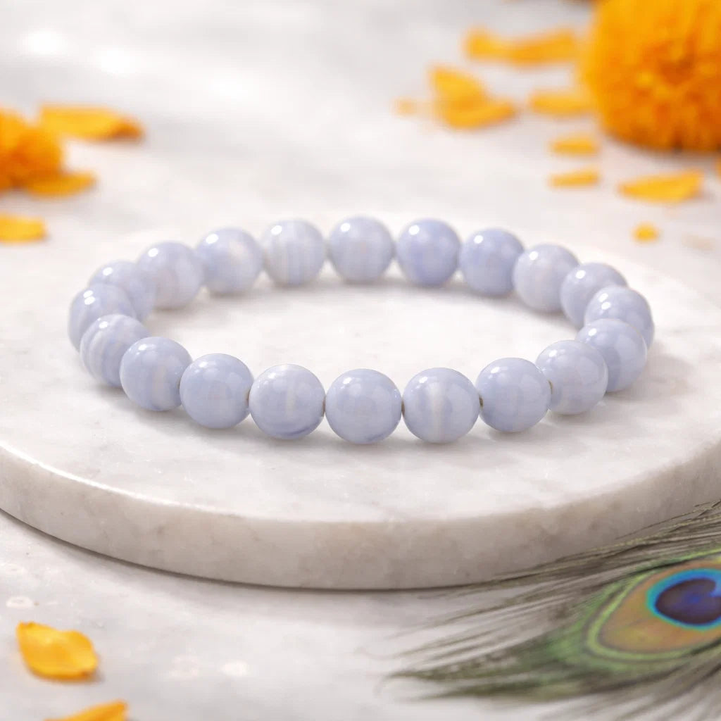 Blue Lace Agate Crystal Bracelet – Vastu Remedy for Throat Chakra with Banded Agate | 8mm Beads