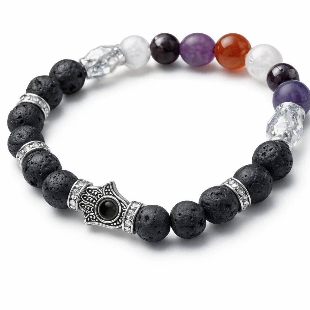 Crystal Bracelet 8mm with Lava Stone & Hamsa, Vastu Remedy for Fertility & Pregnancy