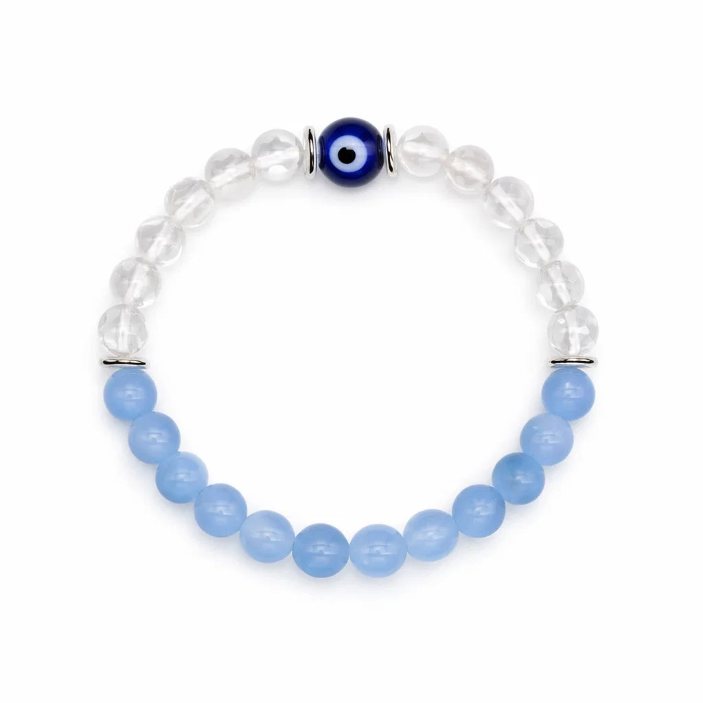 Aquarius Birthstone Crystal Bracelet – Vastu Remedy for Clarity & Communication with Clear Quartz & Blue Lace Agate | 8mm Beads